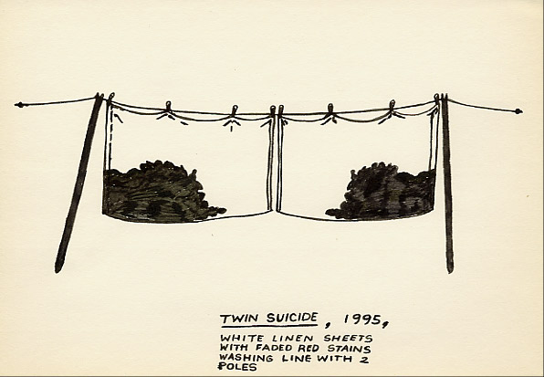 Geert Dekkers - a drawing a day at nznl.com - TWIN SUICIDE, 1995, WHITE LINEN SHEETS WITH FADED RED STAINS, WASHING LINE WITH 2 POLES
drawing