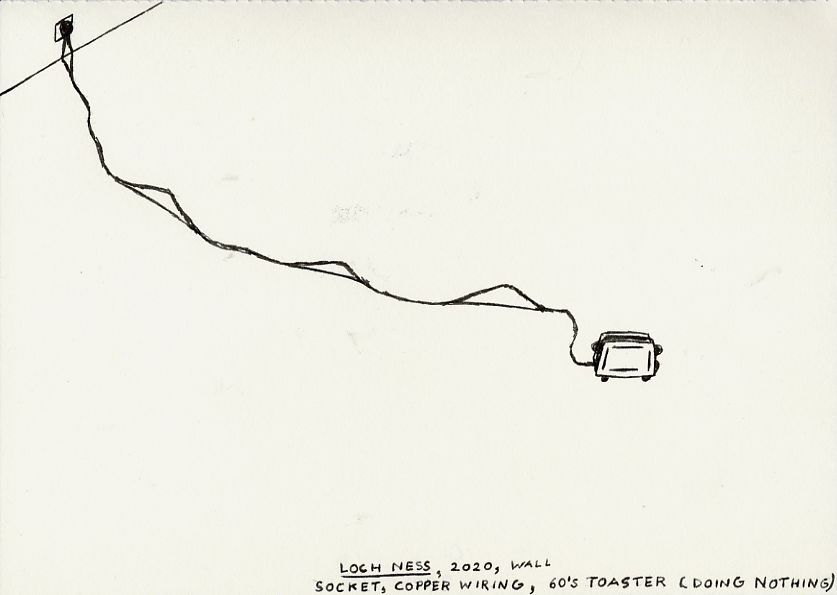 Geert Dekkers - a drawing a day at nznl.com - LOCH NESS, 2020, WALL SOCKET, COPPER WIRING, 60'S TOASTER (DONING NOTHING)
