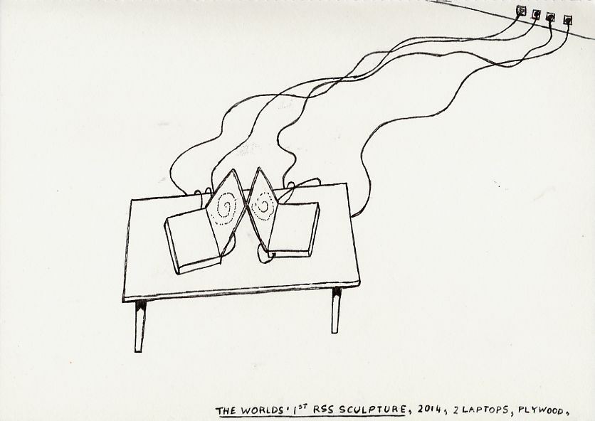 Geert Dekkers - a drawing a day at nznl.com - THE WORLDS 1ST RSS SCULPTURE, 2014, 2 LAPTOPS, PLYWOOD